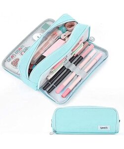 Igoods Etui - Pennenzak- 3 Compartimenten - Schoolspullen - Voor Jongens en Meisjes - Lichtblauw