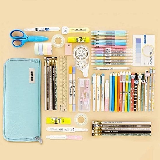 Igoods Igoods Etui - Pennenzak- 3 Compartimenten - Schoolspullen - Voor Jongens en Meisjes - Lichtblauw