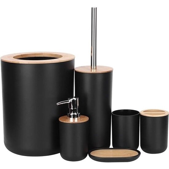 Igoods Igoods Badkamerset- Badkamer - Accessoires - Set van 4 - Zeepdispenser - Zeephouder - Tandenborstelhouder - Prullenbak - Drinkbeker - Toilethouder met Borstel - Zwart