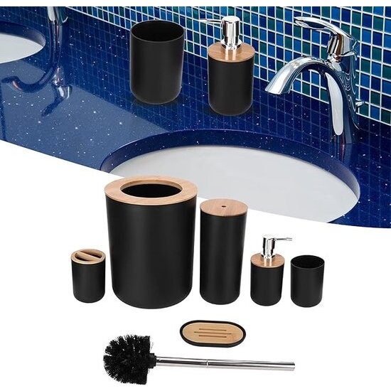 Igoods Igoods Badkamerset- Badkamer - Accessoires - Set van 4 - Zeepdispenser - Zeephouder - Tandenborstelhouder - Prullenbak - Drinkbeker - Toilethouder met Borstel - Zwart