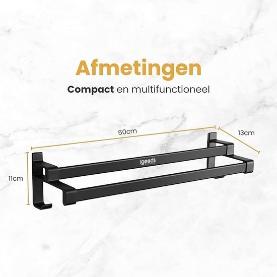Igoods Igoods handdoekrek dubbele stang zonder boren - handdoekrek badkamer - handdoekhouder - handdoekstang - 60CM