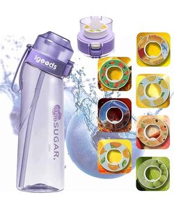 Igoods Drinkfles - Geurfles - Sportfles - Waterfles Met Smaak - Smaak Op Basis Van Geur - 650ML - BPA Vrij - Inclusief 7 Smaken - Paars