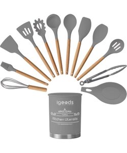 Igoods Keukengerei Set - 13-delige Kookgerei Set - Met Houder - Siliconen - Grijs