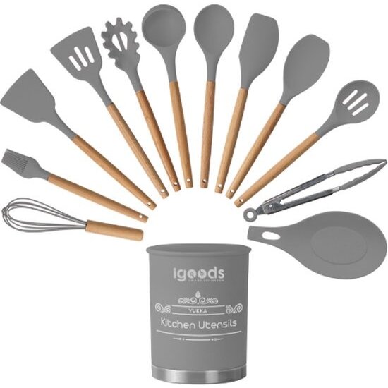 Igoods  Igoods Keukengerei Set - 13-delige Kookgerei Set - Met Houder - Siliconen - Grijs