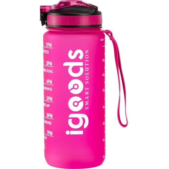 Igoods IGOODS Waterfles - Drinkfles met Tijdmarkeringen - Motiverende Drinkfles - 600ML - BPA vrij - Lekproef - Donkerroze