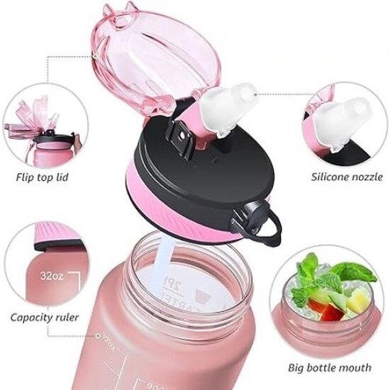 Igoods IGOODS Waterfles - Drinkfles met Tijdmarkeringen - Motiverende Drinkfles - 600ML - BPA vrij - Lekproef - Donkerroze
