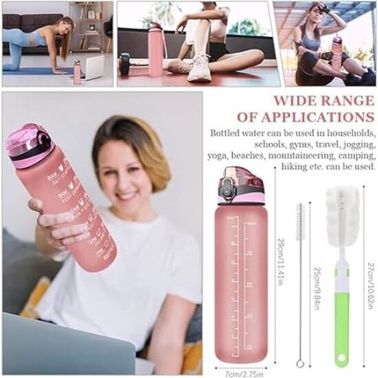 Igoods IGOODS Waterfles - Drinkfles met Tijdmarkeringen - Motiverende Drinkfles - 600ML - BPA vrij - Lekproef - Donkerroze