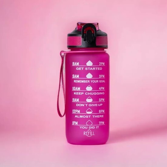 Igoods IGOODS Waterfles - Drinkfles met Tijdmarkeringen - Motiverende Drinkfles - 600ML - BPA vrij - Lekproef - Donkerroze