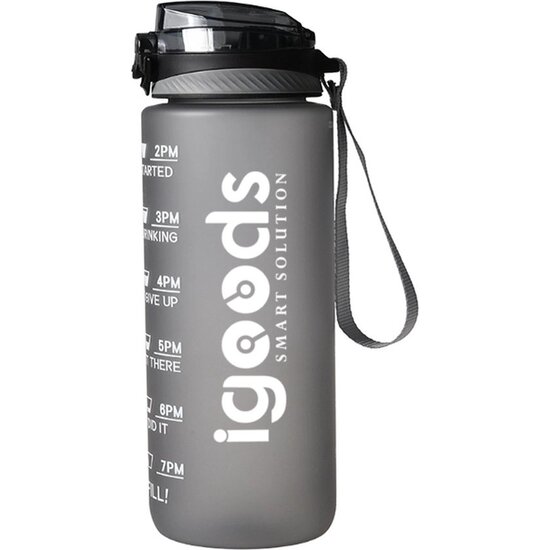 Igoods IGOODS Waterfles - Drinkfles met Tijdmarkeringen - Motiverende Drinkfles - 600ML - BPA vrij - Lekproef - Zwart