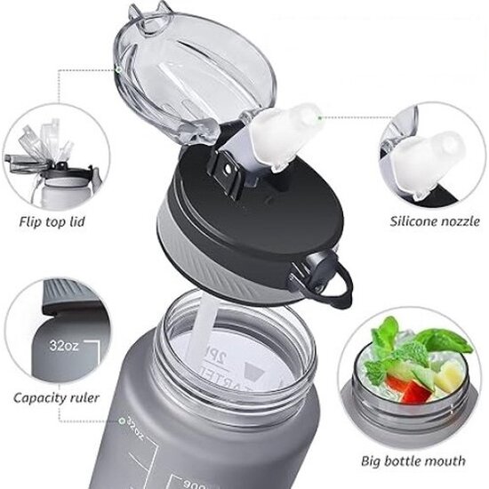 Igoods IGOODS Waterfles - Drinkfles met Tijdmarkeringen - Motiverende Drinkfles - 600ML - BPA vrij - Lekproef - Zwart