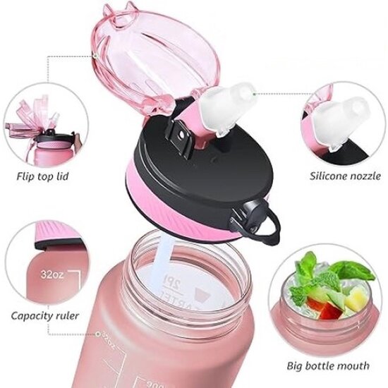 Igoods IGOODS Waterfles - Drinkfles met Tijdmarkeringen - Motiverende Drinkfles - 600ML - BPA vrij - Lekproef - Roze