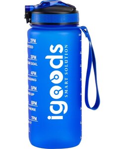 IGOODS Waterfles - Drinkfles met Tijdmarkeringen - Motiverende Drinkfles - 600ML - BPA vrij - Lekproef - Blauw