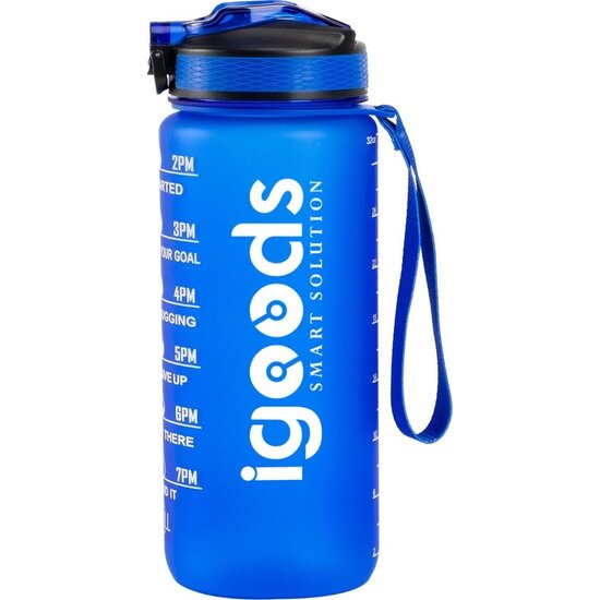 Igoods IGOODS Waterfles - Drinkfles met Tijdmarkeringen - Motiverende Drinkfles - 600ML - BPA vrij - Lekproef - Blauw