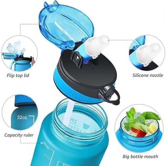Igoods IGOODS Waterfles - Drinkfles met Tijdmarkeringen - Motiverende Drinkfles - 600ML - BPA vrij - Lekproef - Blauw