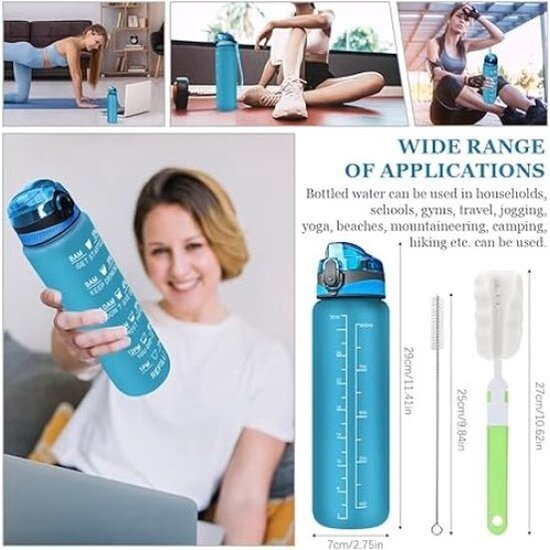 Igoods IGOODS Waterfles - Drinkfles met Tijdmarkeringen - Motiverende Drinkfles - 600ML - BPA vrij - Lekproef - Blauw