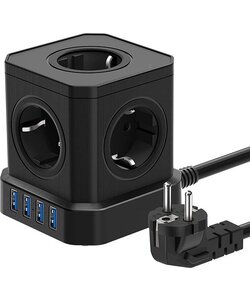 Igoods Kubus Stekkerdoos met Schakelaar - 4 USB Poorten - 5 Stopcontacten - Zwart