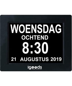 Igoods Dementieklok Inclusief Fotoframe - Digitale Klok - Kalenderklok - 8 Talen - Zwart
