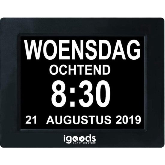 Igoods Igoods Dementieklok Inclusief Fotoframe - Digitale Klok - Kalenderklok - 8 Talen - Zwart