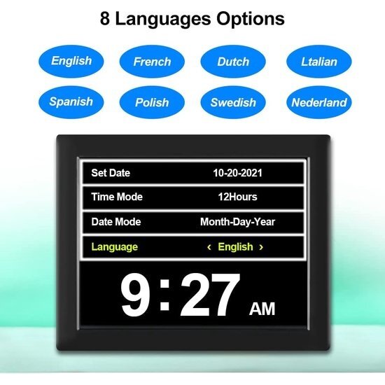 Igoods Igoods Dementieklok Inclusief Fotoframe - Digitale Klok - Kalenderklok - 8 Talen - Zwart