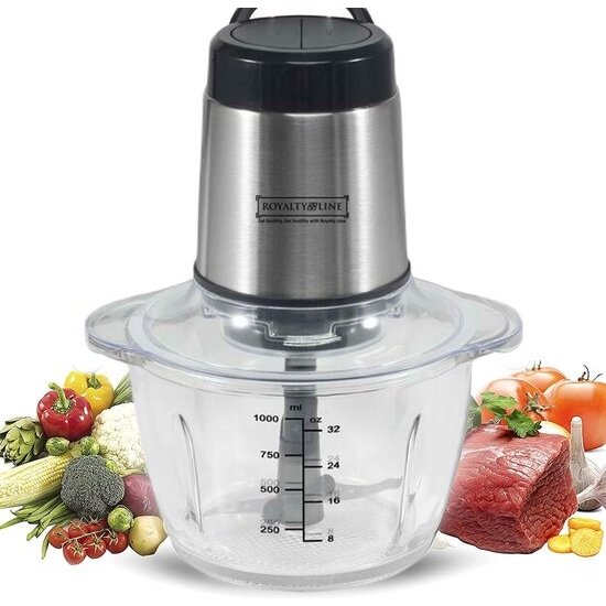 Royalty Line Royalty Line® MCE300 Elektrische Hakmolen - Groentesnijder - 1 Liter Glazen Kom - Chopper - 2 Snelheden - 300W - Foodprocessor Met 4 Messen - RVS / Glas