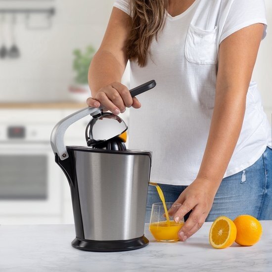 Royalty Line® CPE85 Citruspers Electrisch - Sinaasappelpers Elektrisch - Citrusjuicer Met 2 Perskegels - Citroenpers - RVS / Zwart