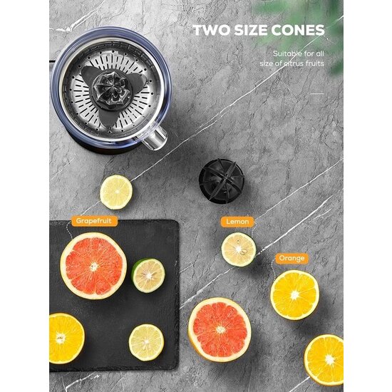 Royalty Line® CPE85 Citruspers Electrisch - Sinaasappelpers Elektrisch - Citrusjuicer Met 2 Perskegels - Citroenpers - RVS / Zwart