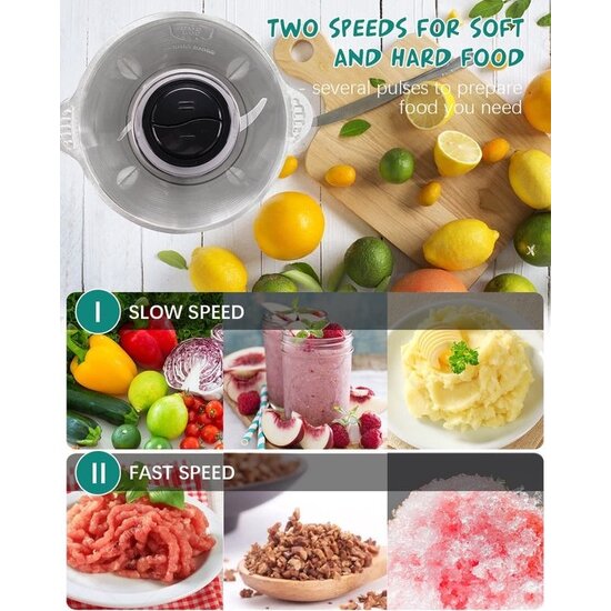 Royalty Line® MCE300 Elektrische Hakmolen - Groentesnijder - 1.8 Liter Kom XL - Chopper - 2 Snelheden - 300W Foodprocessor - RVS