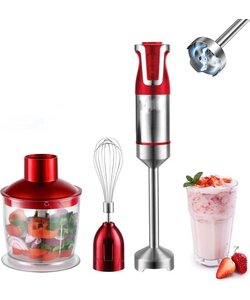 Royalty Line® ESMS800 Staafmixer - 3 in 1 Staafmixer Set - 800W - RVS - Hakmolen - Blender - Handmixer - Garde Met Snelheidsinstellingen - RVS / Rood