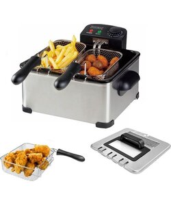 Royalty Line® DF4902 Frituurpan - 4.5 Liter - Grote Friteuse met 3 Manden - 2000W - Met Koude Handgrepen en Traploos Instelbare Temperatuurregelaar & Deksel Met Glas - RVS