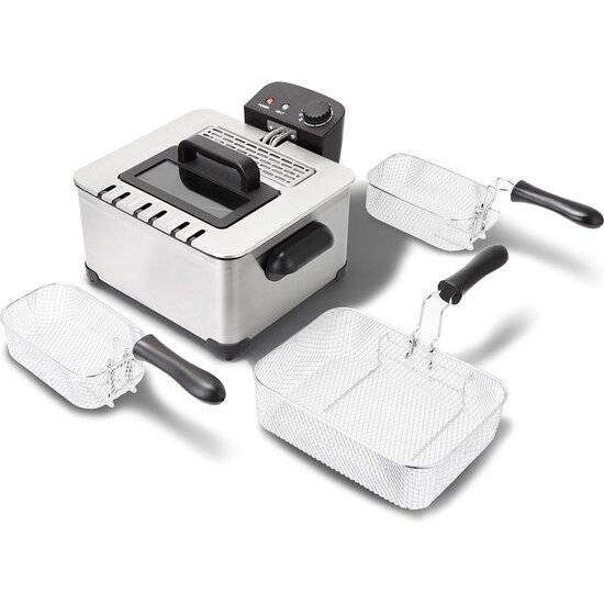 Royalty Line® DF4902 Frituurpan - 4.5 Liter - Grote Friteuse met 3 Manden - 2000W - Met Koude Handgrepen en Traploos Instelbare Temperatuurregelaar & Deksel Met Glas - RVS