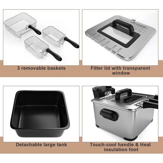 Royalty Line® DF4902 Frituurpan - 4.5 Liter - Grote Friteuse met 3 Manden - 2000W - Met Koude Handgrepen en Traploos Instelbare Temperatuurregelaar & Deksel Met Glas - RVS