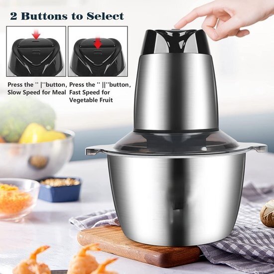 Royalty Line® MCE600 Elektrische Hakmolen - Groentesnijder - 3 Liter Kom XL - Chopper - RVS - 2 Snelheden - 600W - Foodprocessor Met RVS Kom - Mandoline - Hakmolen Elektrisch - RVS