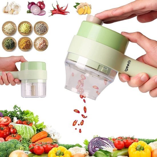 Igoods Igoods Hakmolen - Elektrische Mini Blender - Mandoline - Groentesnijder - Foodchopper - Ergonomisch Design - 4 RVS Mesjes - Groen