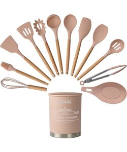 Igoods Keukengerei Set - 13-delige Kookgerei Set - Met Houder - Siliconen - Roze