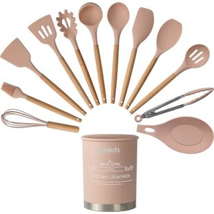 Igoods Keukengerei Set - 13-delige Kookgerei Set - Met Houder - Siliconen - Roze