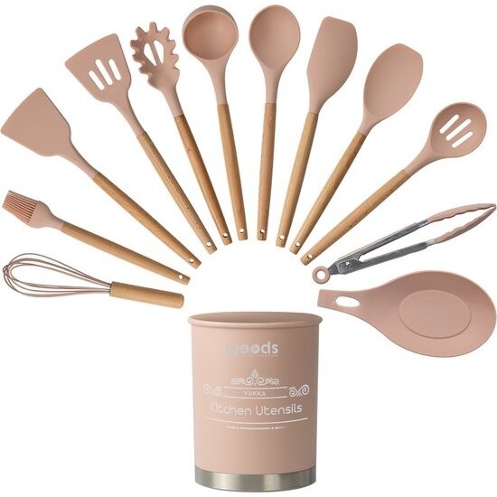 Igoods Igoods Keukengerei Set - 13-delige Kookgerei Set - Met Houder - Siliconen - Roze