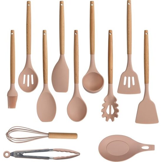 Igoods Igoods Keukengerei Set - 13-delige Kookgerei Set - Met Houder - Siliconen - Roze