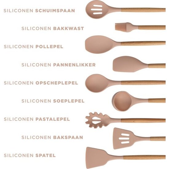 Igoods Igoods Keukengerei Set - 13-delige Kookgerei Set - Met Houder - Siliconen - Roze