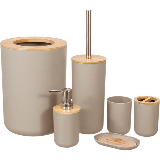Igoods Igoods Badkamerset - Badkamer - Accessoires - Set van 4 - Zeepdispenser - Zeephouder - Tandenborstelhouder - Prullenbak - Drinkbeker - Toilethouder met Borstel - Beige