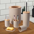 Igoods Igoods Badkamerset - Badkamer - Accessoires - Set van 4 - Zeepdispenser - Zeephouder - Tandenborstelhouder - Prullenbak - Drinkbeker - Toilethouder met Borstel - Beige