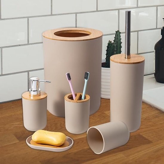 Igoods Igoods Badkamerset - Badkamer - Accessoires - Set van 4 - Zeepdispenser - Zeephouder - Tandenborstelhouder - Prullenbak - Drinkbeker - Toilethouder met Borstel - Beige