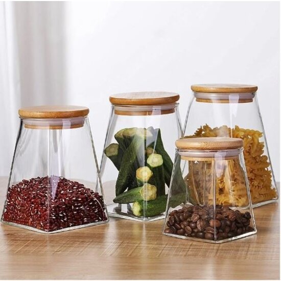 Igoods Voorraadpot - Driehoekige Voorraadpot - Glazen Voorraadpot - Luchtdicht - Houten Deksel - 12cm