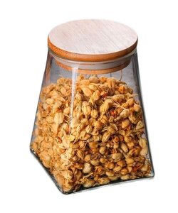 Igoods Voorraadpot - Driehoekige Voorraadpot - Glazen Voorraadpot - Luchtdicht - Houten Deksel - 14cm