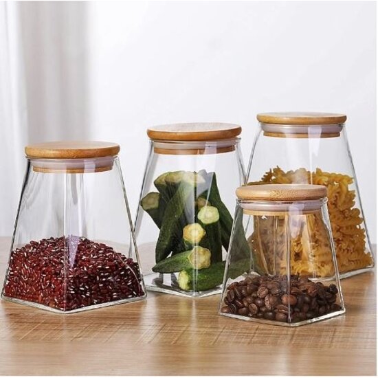 Igoods Igoods Voorraadpot - Driehoekige Voorraadpot - Glazen Voorraadpot - Luchtdicht - Houten Deksel - 14cm