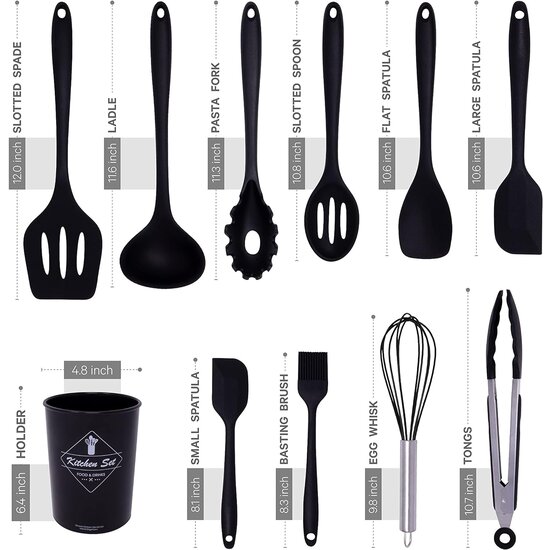 Igoods Igoods Keukengerei Set - 11-Delig Kookgerei Set - Siliconen Inclusief Gebruiksvoorwerpen Houders - Antikleef - Anti-Kras Kookgerei - Keukengereedschap - Zwart