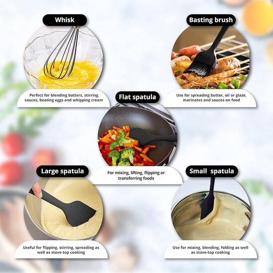 Igoods Igoods Keukengerei Set - 11-Delig Kookgerei Set - Siliconen Inclusief Gebruiksvoorwerpen Houders - Antikleef - Anti-Kras Kookgerei - Keukengereedschap - Zwart