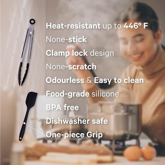 Igoods Igoods Keukengerei Set - 11-Delig Kookgerei Set - Siliconen Inclusief Gebruiksvoorwerpen Houders - Antikleef - Anti-Kras Kookgerei - Keukengereedschap - Zwart