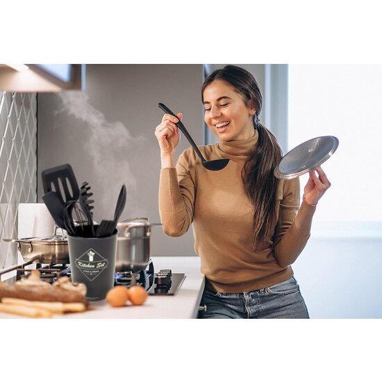 Igoods Igoods Keukengerei Set - 11-Delig Kookgerei Set - Siliconen Inclusief Gebruiksvoorwerpen Houders - Antikleef - Anti-Kras Kookgerei - Keukengereedschap - Zwart