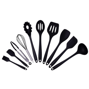 Igoods Keukengerei Set - 11-Delig Kookgerei Set - Siliconen Inclusief Gebruiksvoorwerpen Houders - Antikleef - Anti-Kras Kookgerei - Keukengereedschap - Zwart