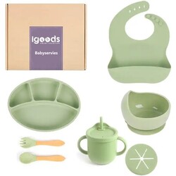 Igoods Babyservies - Kinderservies - Met Placemat - Siliconen - Antislip - 10-delig - Onbreekbaar - Vaatwasserbestendig - Magnetronbestendig - Vriesbestendig - Groen